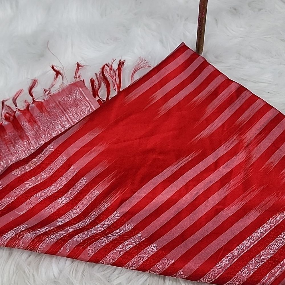 Vintage Silk Red Striped Paisle & Floral Scarf with Fringe